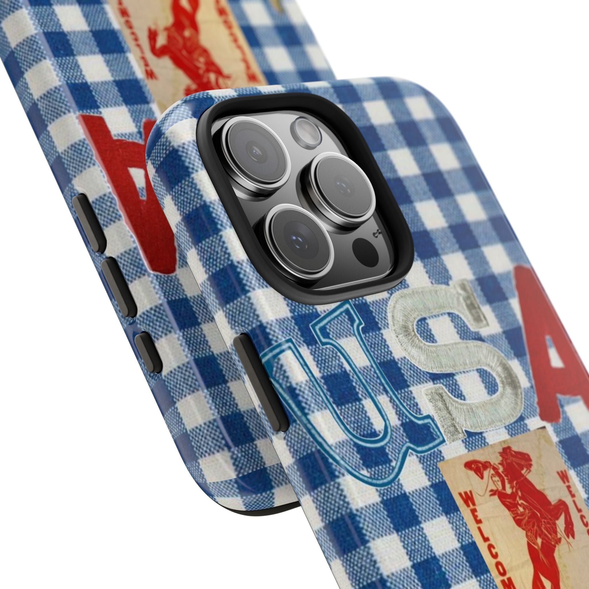 Blue plaid rodeo phone case with raised side buttons and camera cutout openings