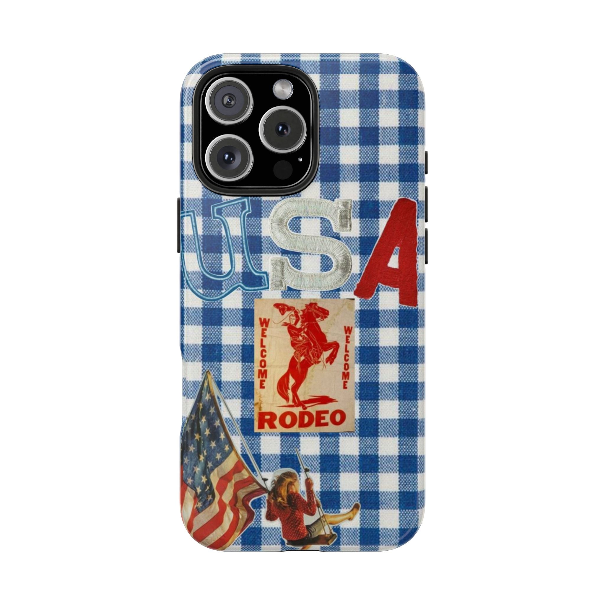 Blue and white buffalo plaid rodeo phone case with cowboy graphic and “WELCOME” text