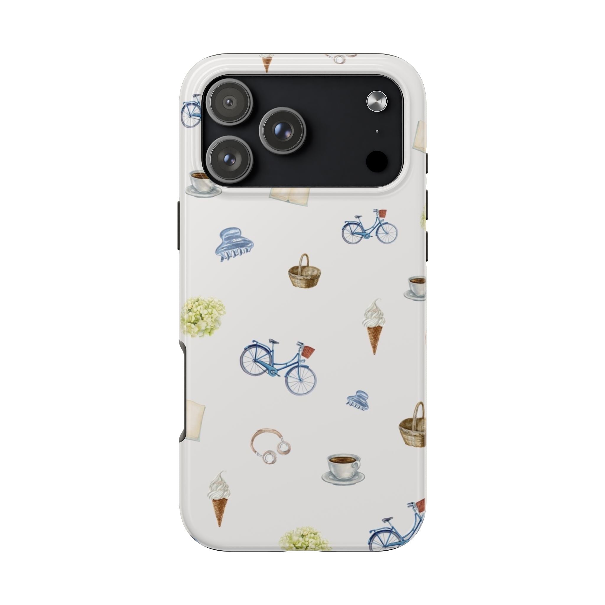 Phone case back showing camera lenses; white Amsterdam-themed icons like bikes and cups