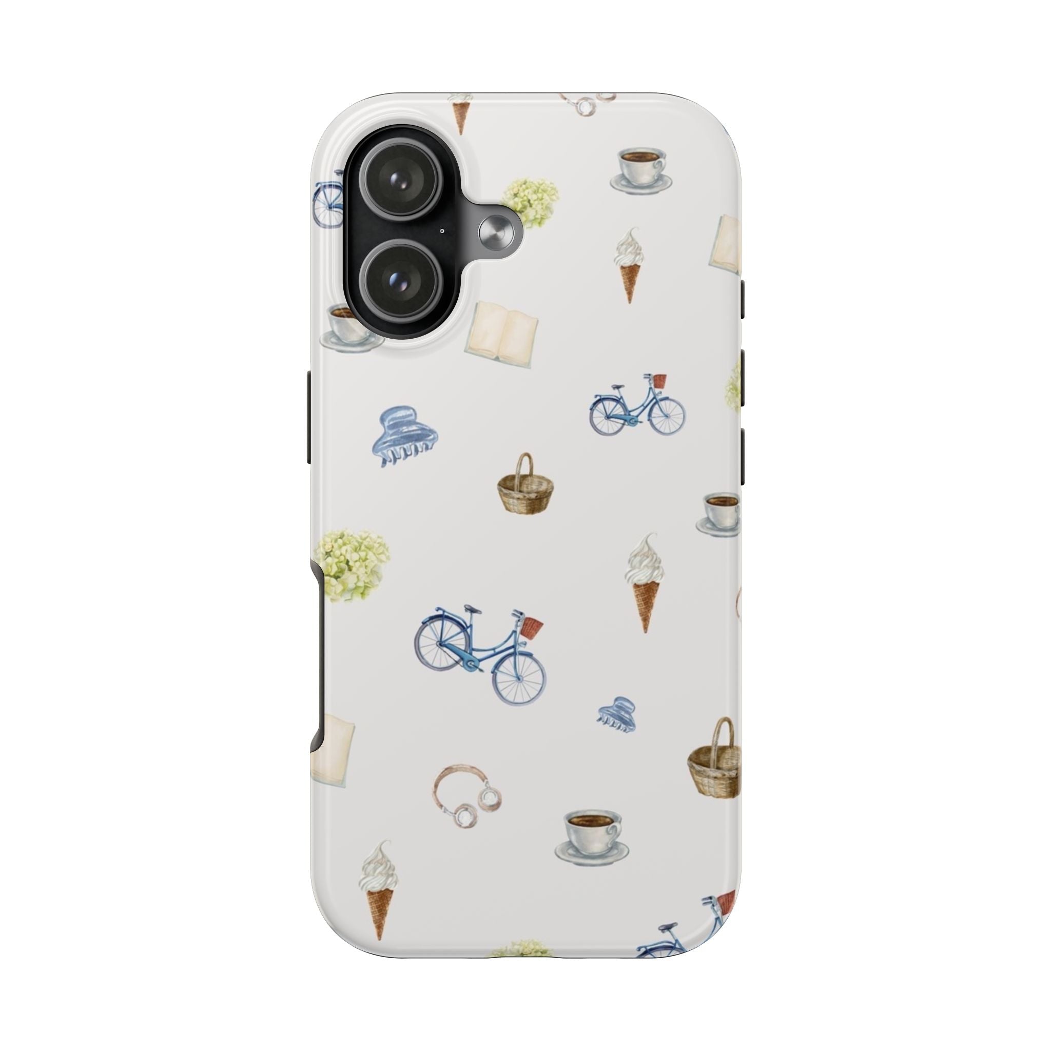 AMSTERDAM phone case, white pattern with bikes, ice cream and coffee cups