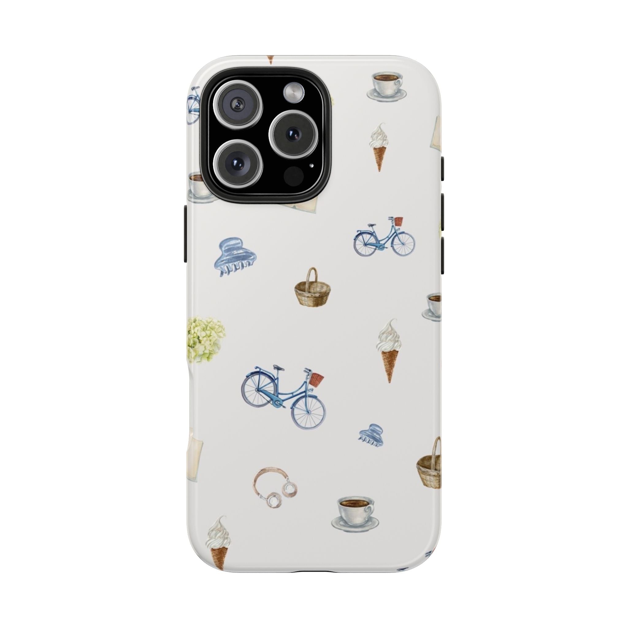 Phone case back with triple camera cutout; white design with bikes and ice cream icons