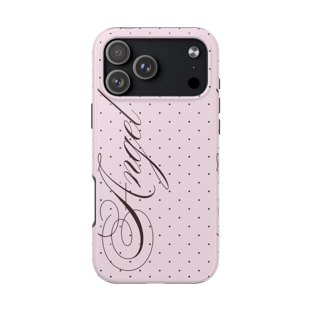 Pink polka dot phone case with coquette script, flat camera window and cutouts
