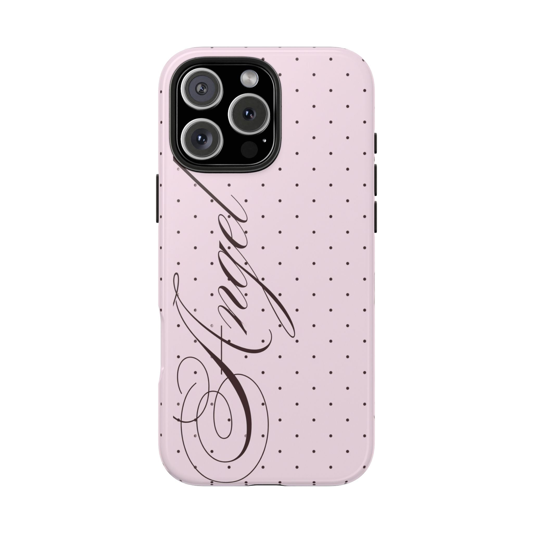 Pink polka-dot phone case with coquette cursive face graphic and camera cutout