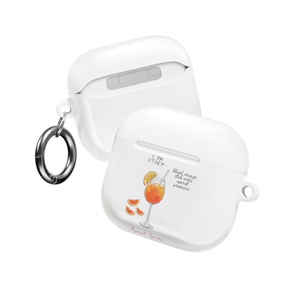 White AirPods case with Aperol Spritz artwork and metal rings, front and back view