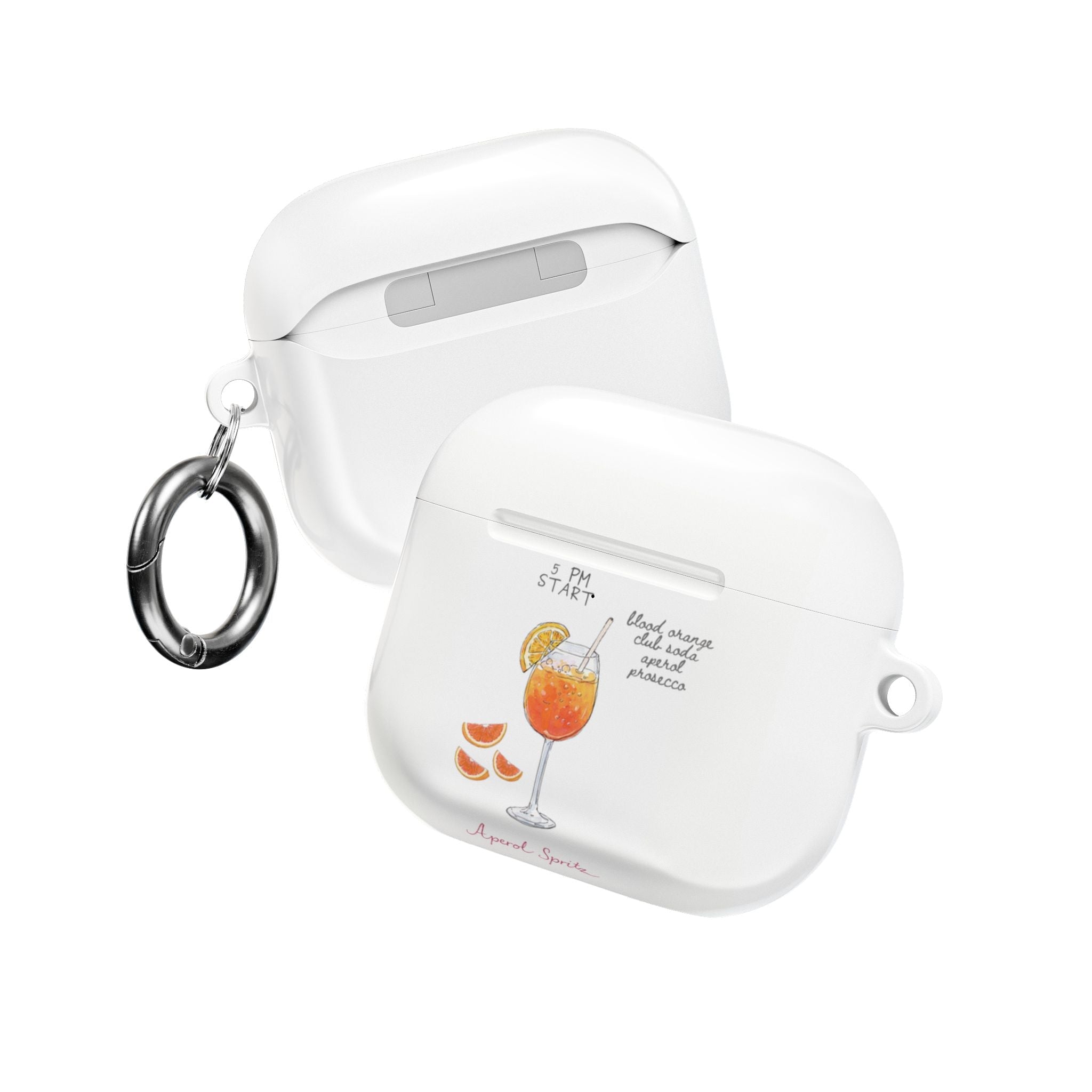 White AirPods case with Aperol Spritz artwork and metal rings, front and back view