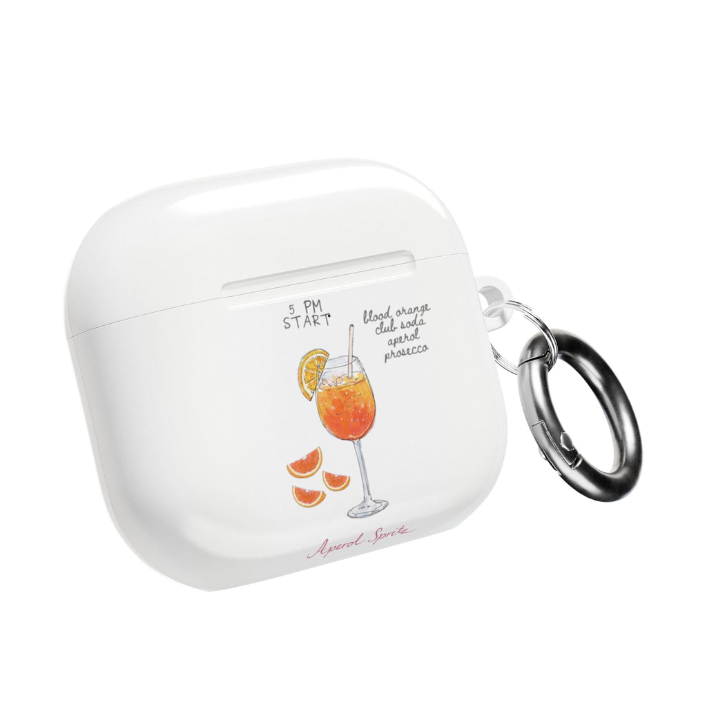White AirPods case with Aperol Spritz drink artwork and metal keyring, closed