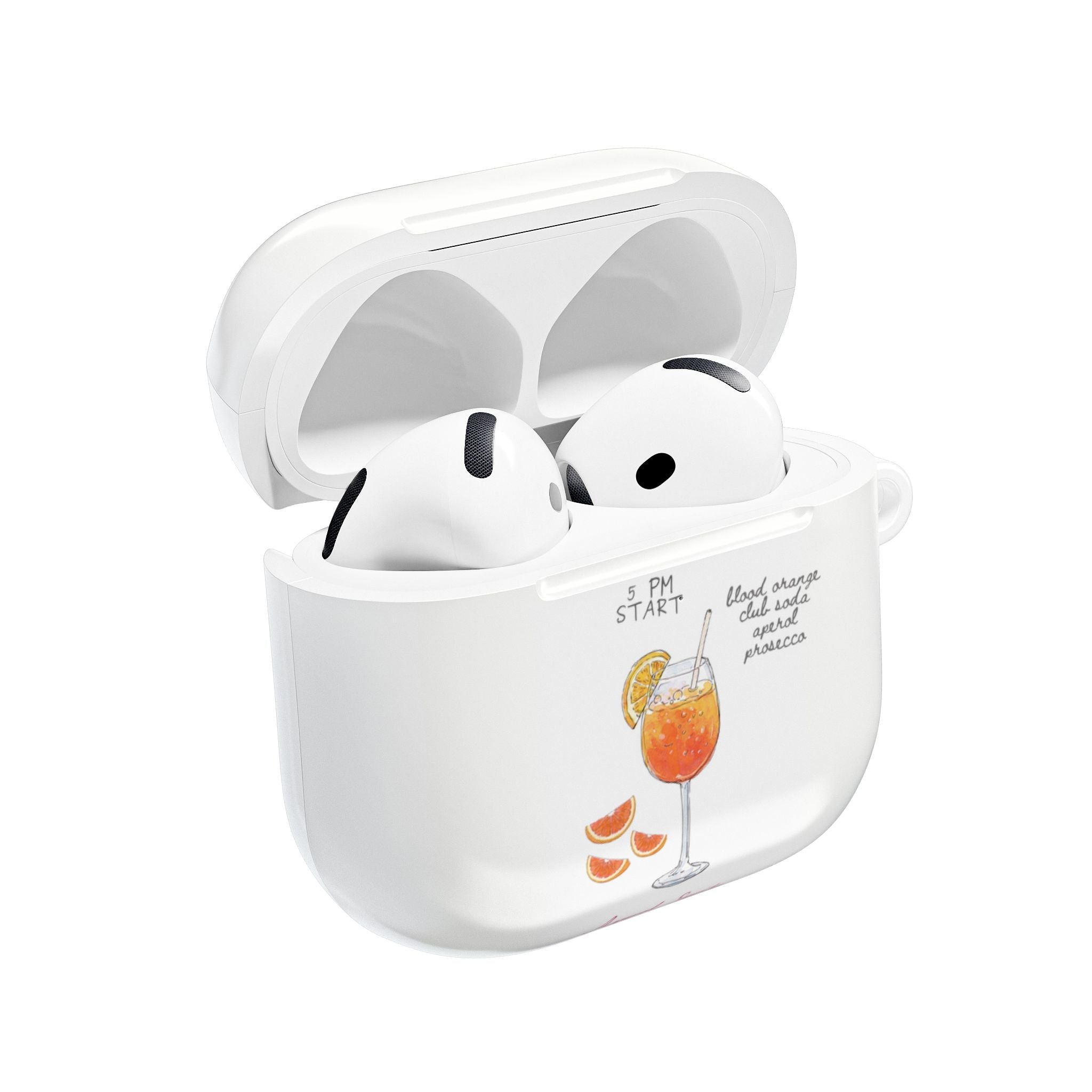 White AirPods case with Aperol Spritz graphic and open lid holding earbuds
