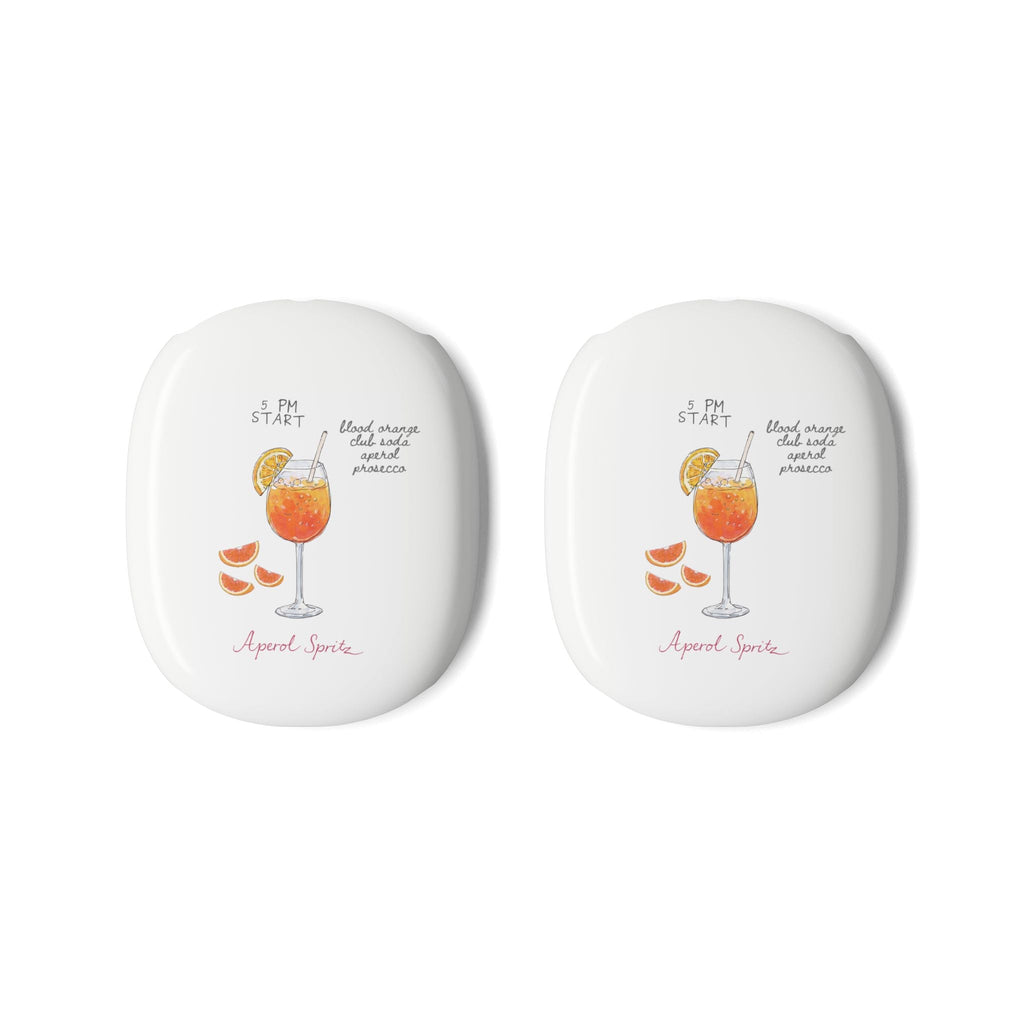 Pair of white AirPods Max earcup covers with Aperol Spritz drink illustration