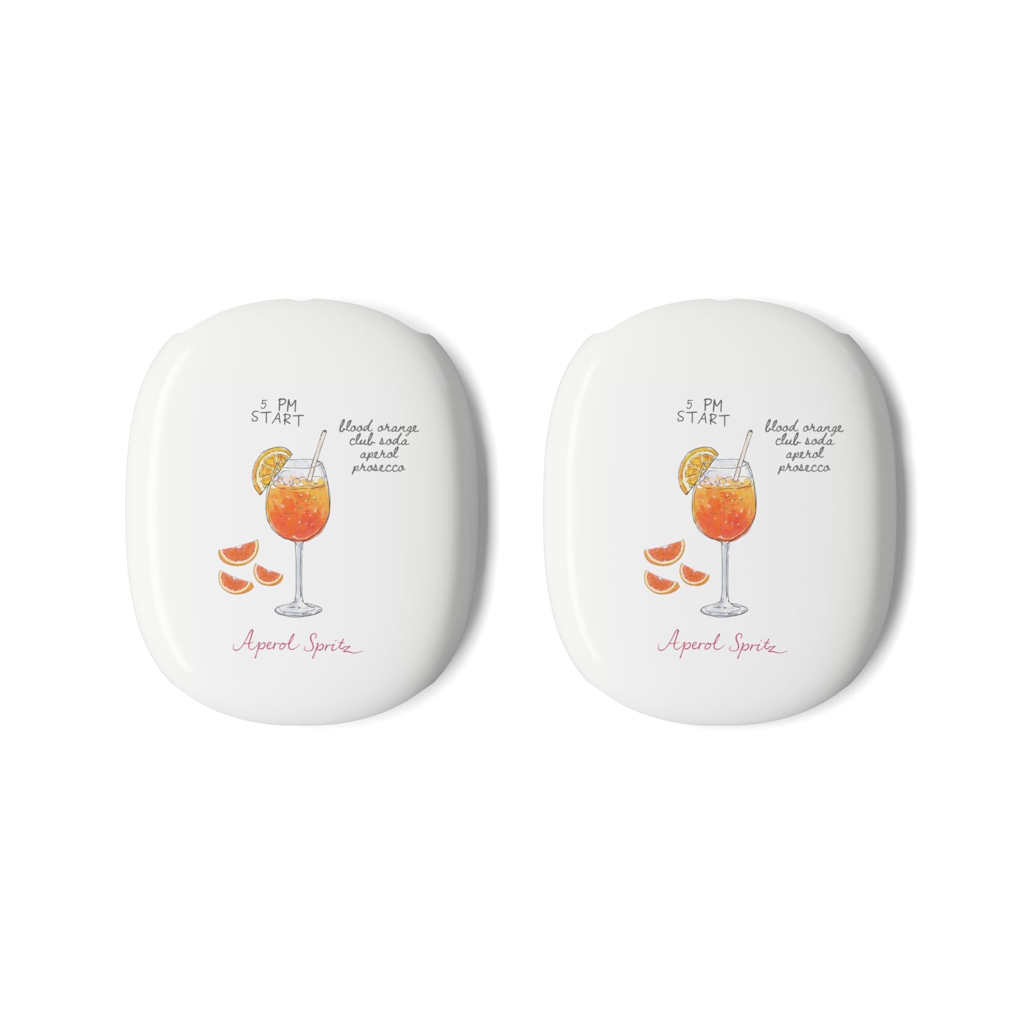 Pair of white AirPods Max earcup covers with Aperol Spritz drink illustration