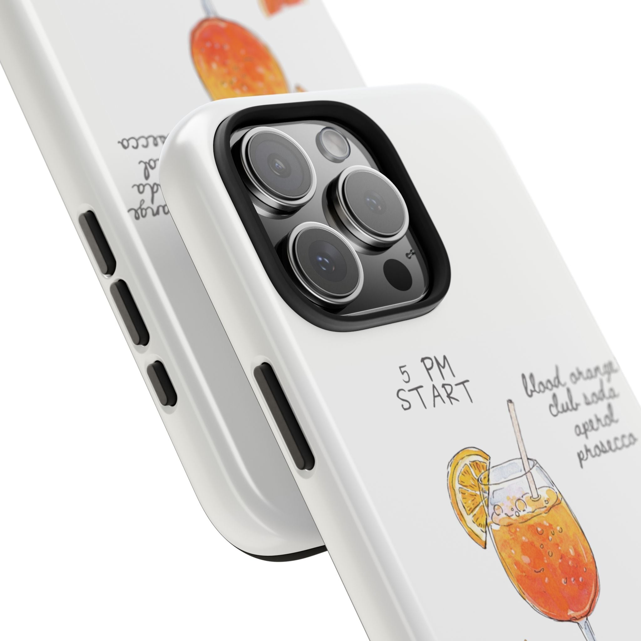 White phone case angled close-up, showing camera cutout and Aperol Spritz drink graphic