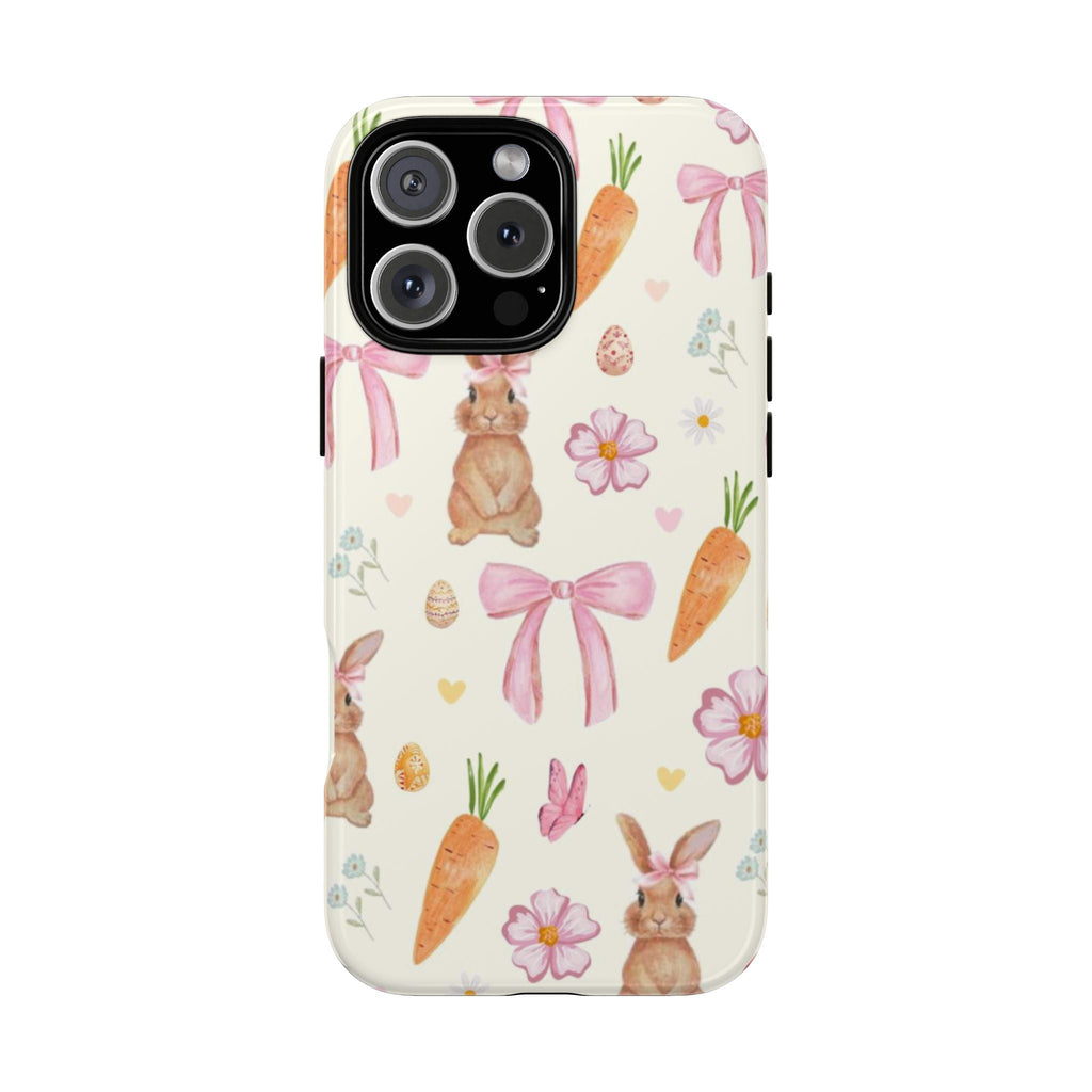 Light cream rabbit phone case with pink bows, carrots, flowers, and pastel hearts pattern