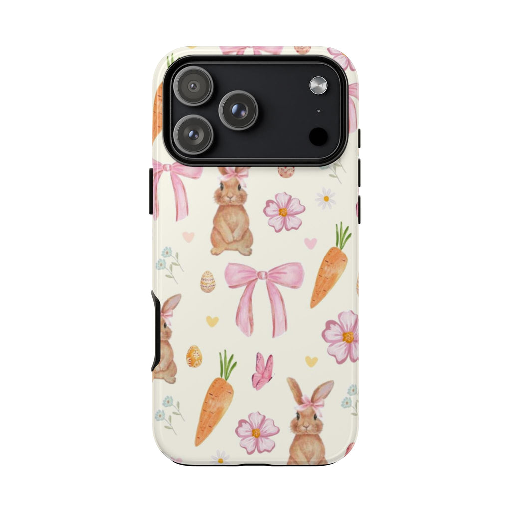 Cream rabbit phone case with pastel carrots and flowers; camera cutout and raised edges