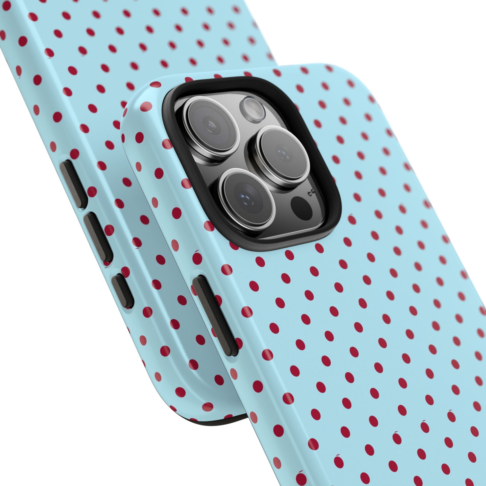 Light blue polka dot phone case with raised camera area and side button cutouts