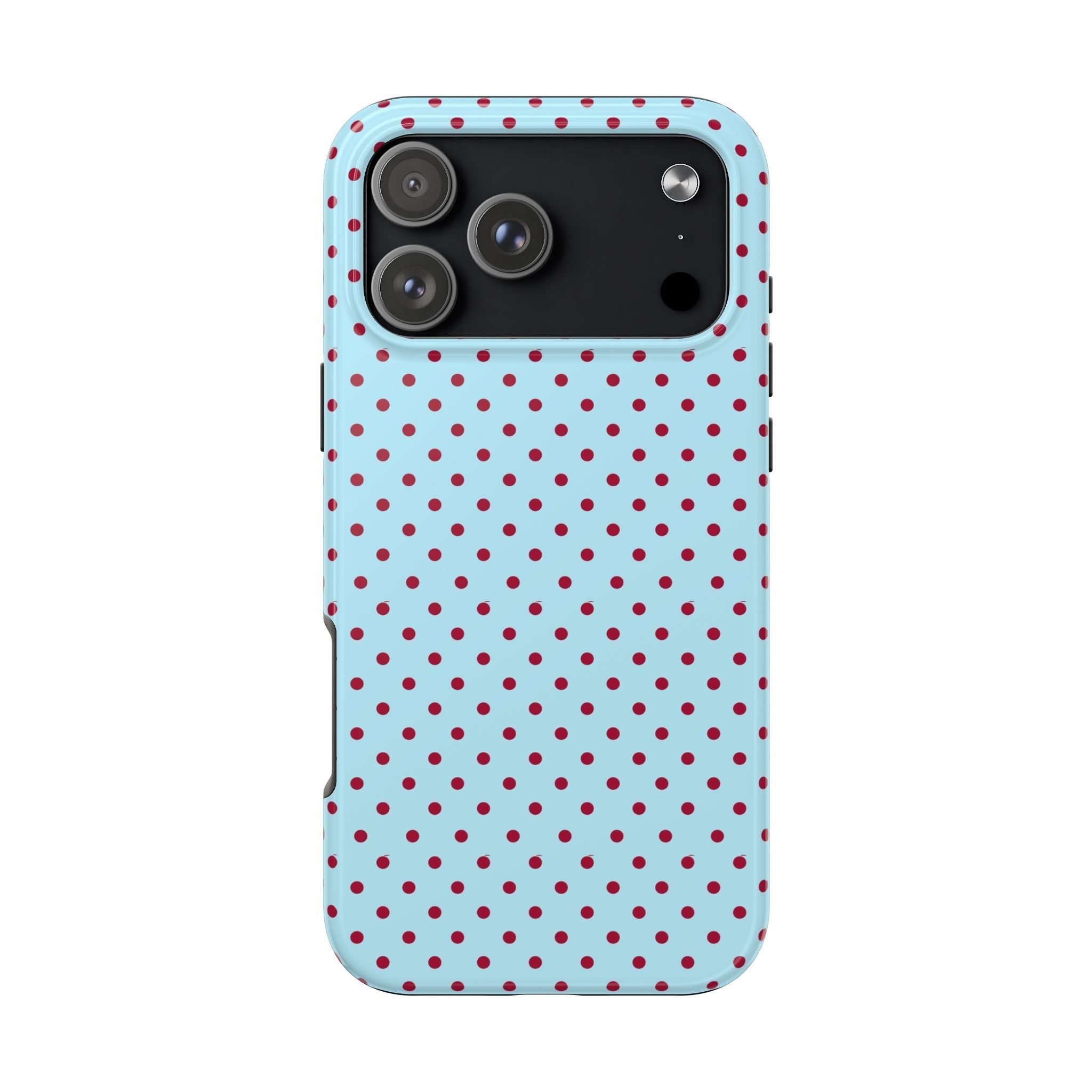 Light blue phone case with burgundy polka dots and black camera cutout