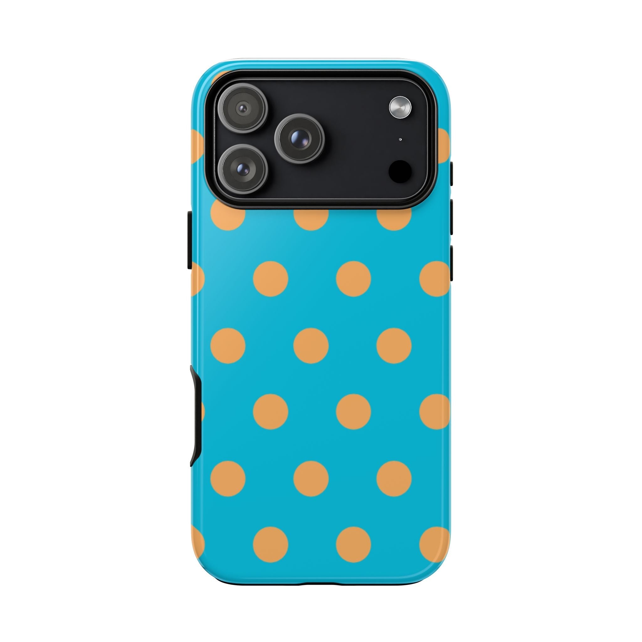 Aqua polka-dot phone case with orange dots; raised camera frame visible