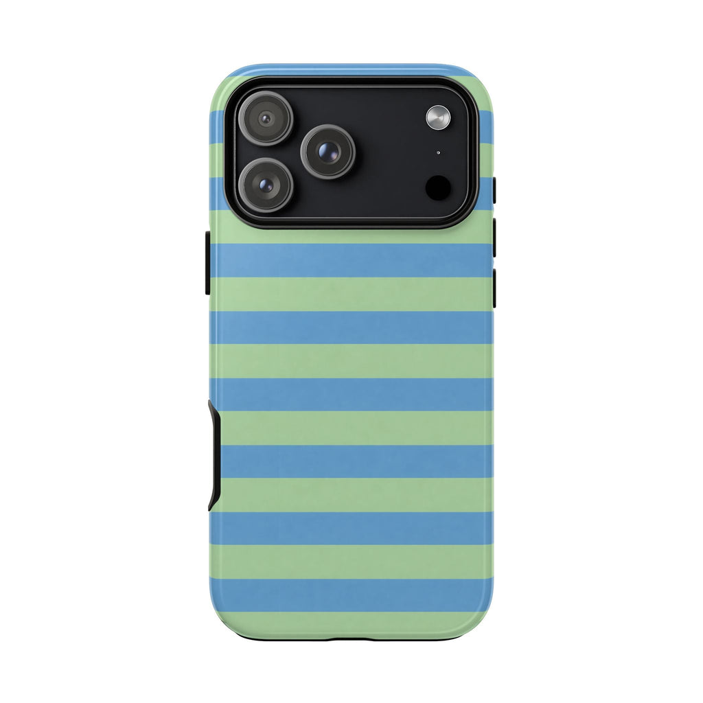 Aqua striped phone case featuring blue and green horizontal stripes and raised camera frame