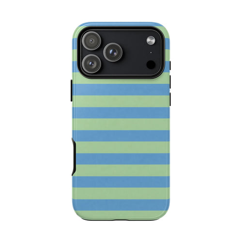 Aqua striped phone case featuring blue and green horizontal stripes and raised camera frame