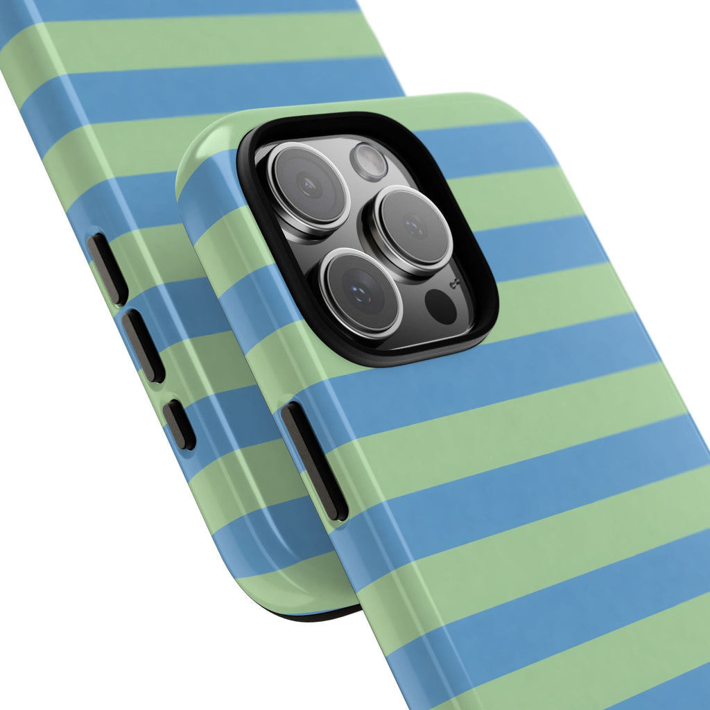 Aqua stripes phone case at an angle, showing blue/green bands and side button cutouts
