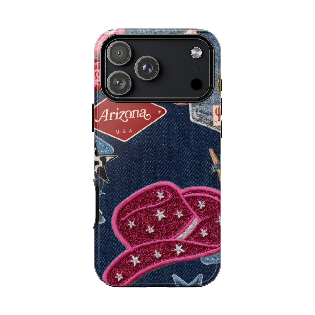 Denim phone case with Arizona banner and pink glitter cowboy hat design