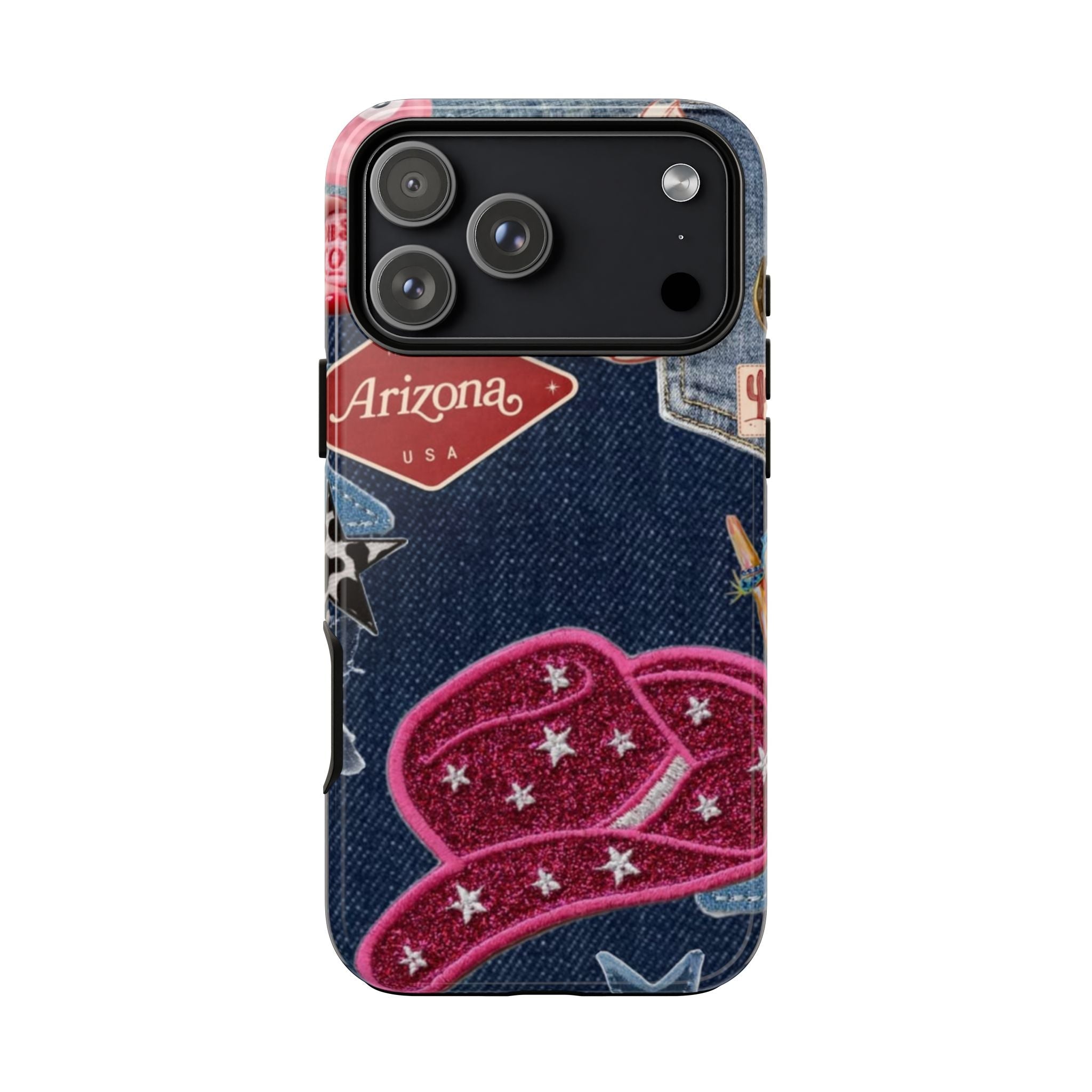Denim phone case with Arizona banner and pink glitter cowboy hat design