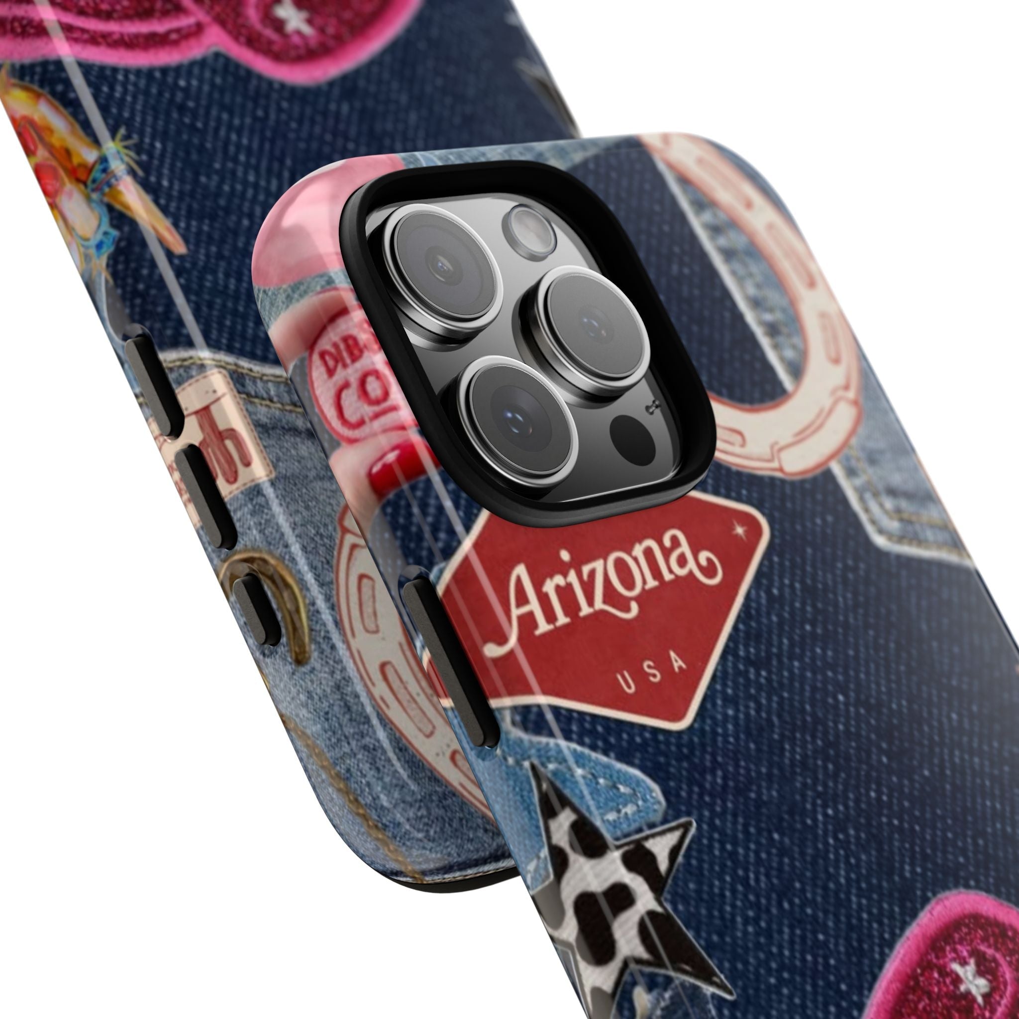 Angled view of denim Arizona cowgirl phone case with star and hat patches
