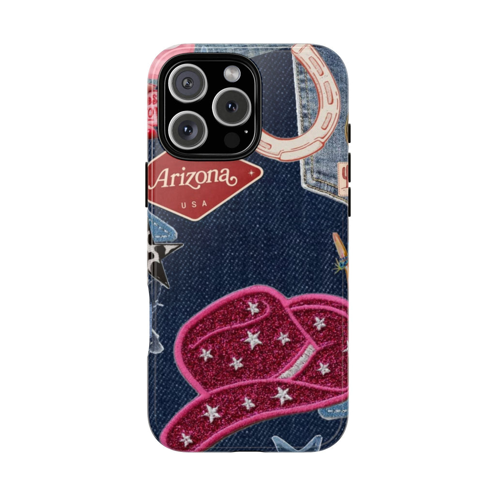 Arizona cowgirl denim phone case with western patches and pink glitter cactus hat