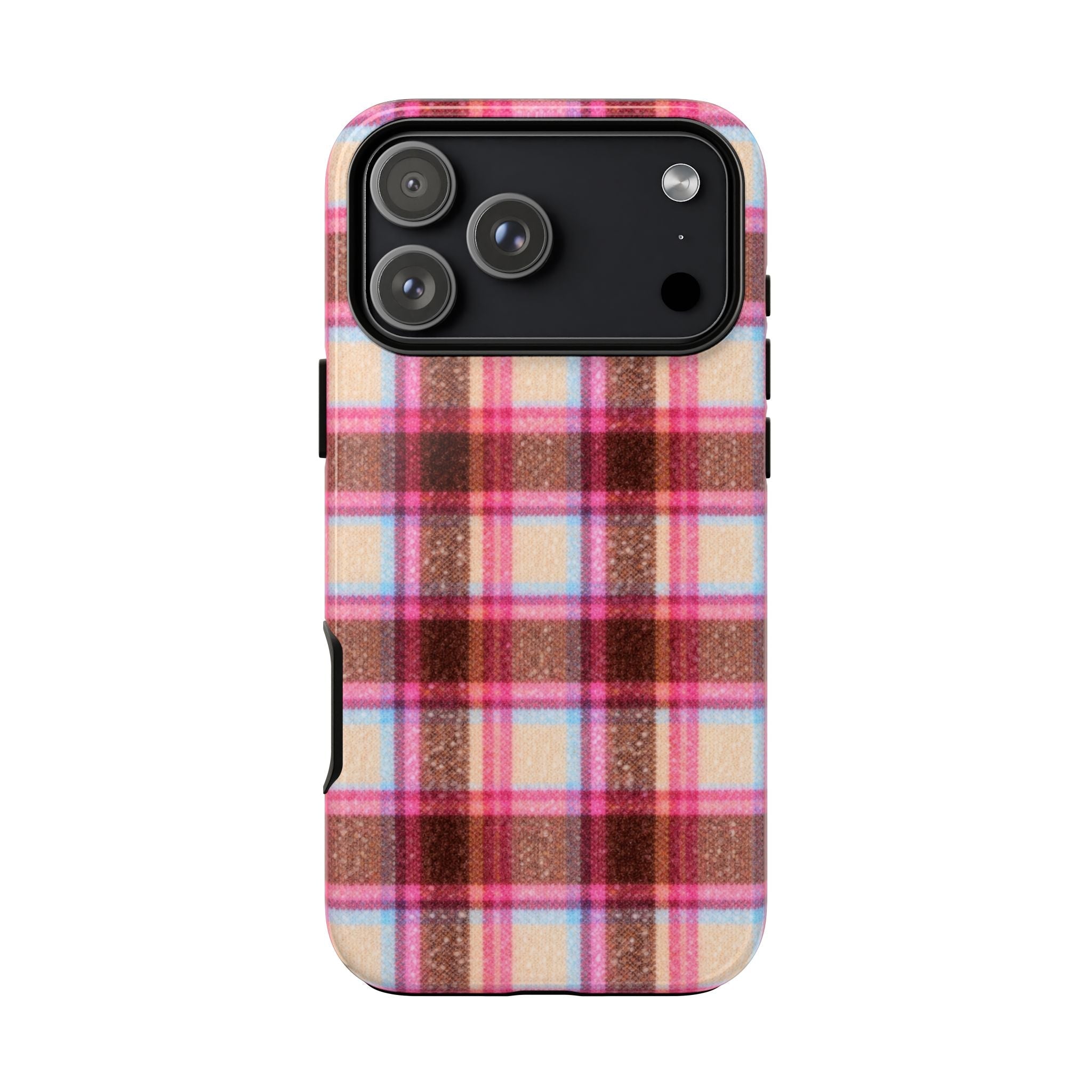 Plaid phone case back with pink, blue & brown tartan pattern; camera cutouts