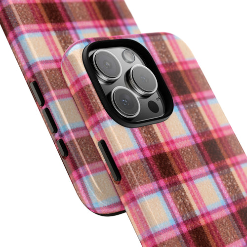 Plaid phone case with pink, blue & brown tartan; side button openings visible