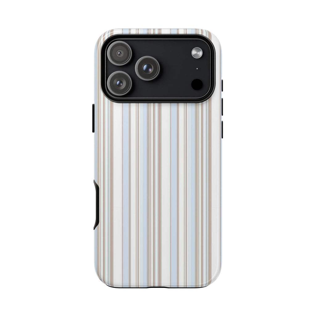 Aspen stripes phone case with vertical light blue and tan stripes, raised camera cover