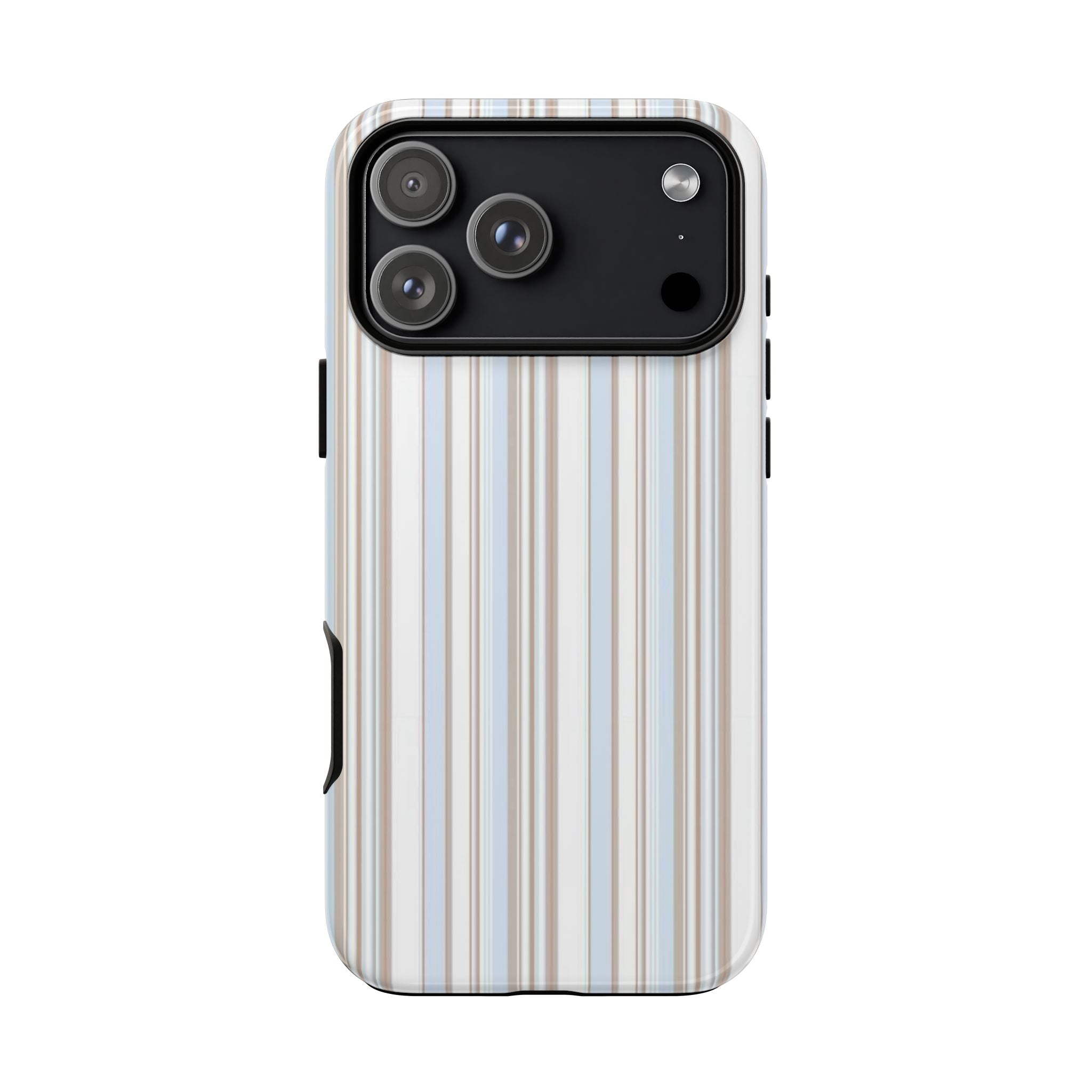 Aspen stripes phone case with vertical light blue and tan stripes, raised camera cover