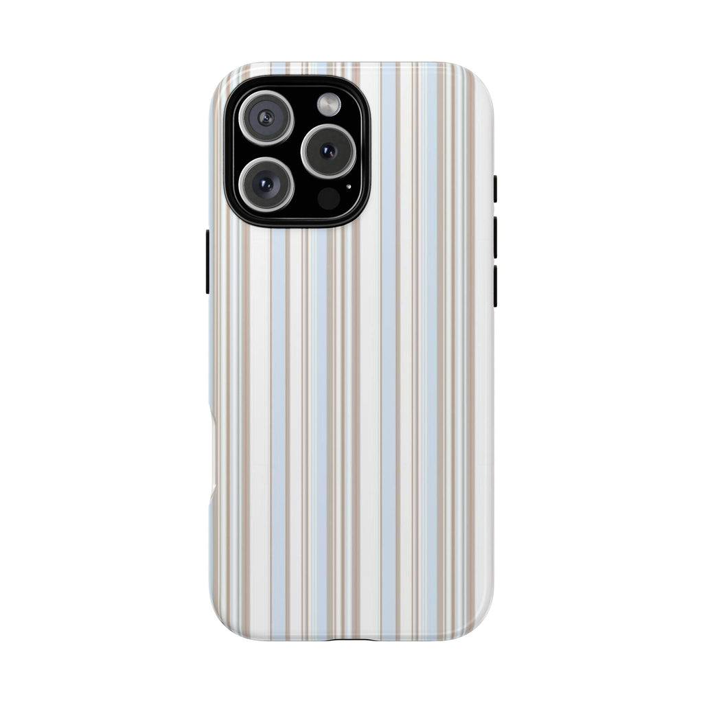 Aspen stripes phone case with vertical blue and tan lines, black camera surround