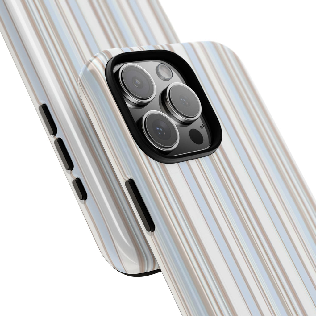 Vertical stripe phone case with light blue and tan lines, angled view of camera lenses