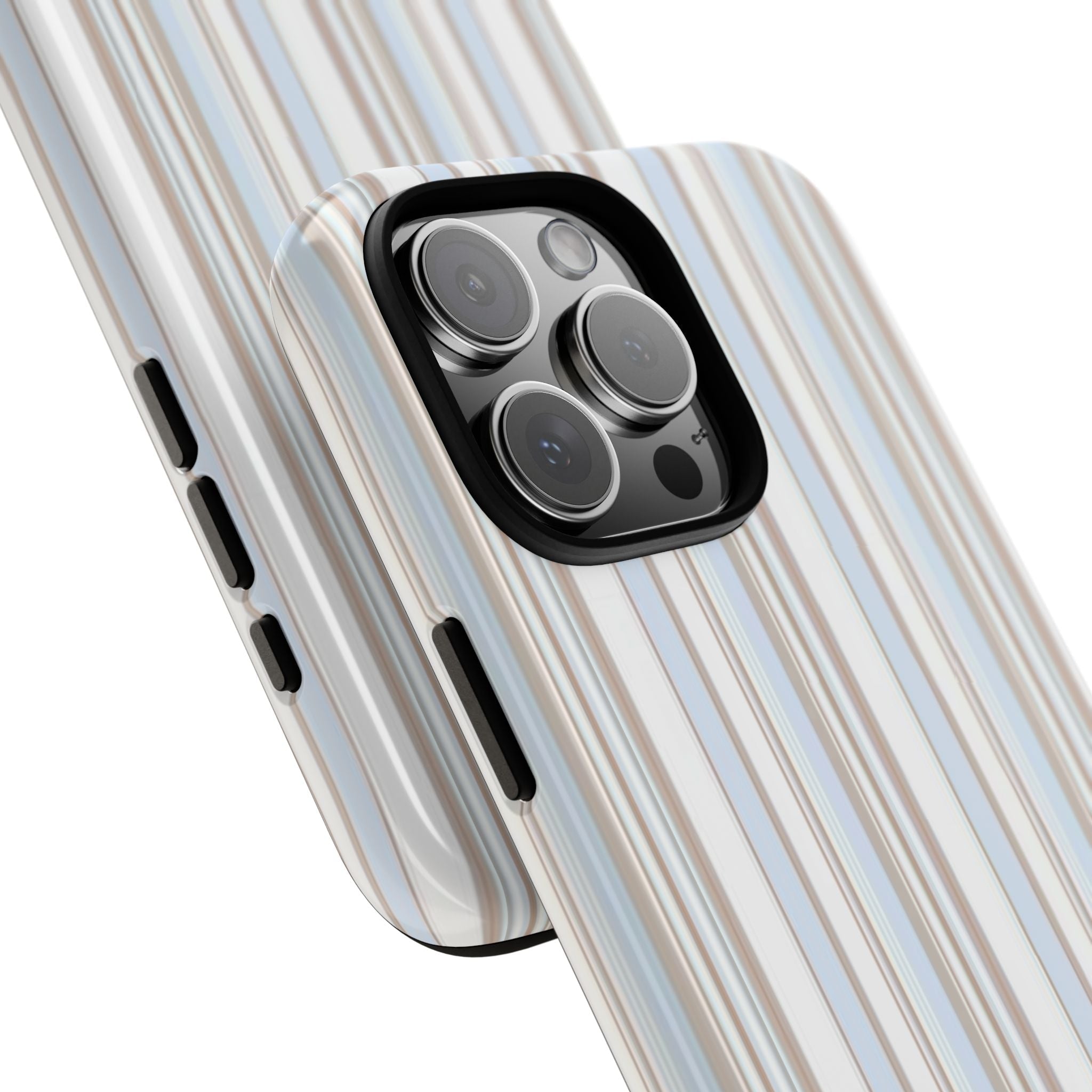 Vertical stripe phone case with light blue and tan lines, angled view of camera lenses