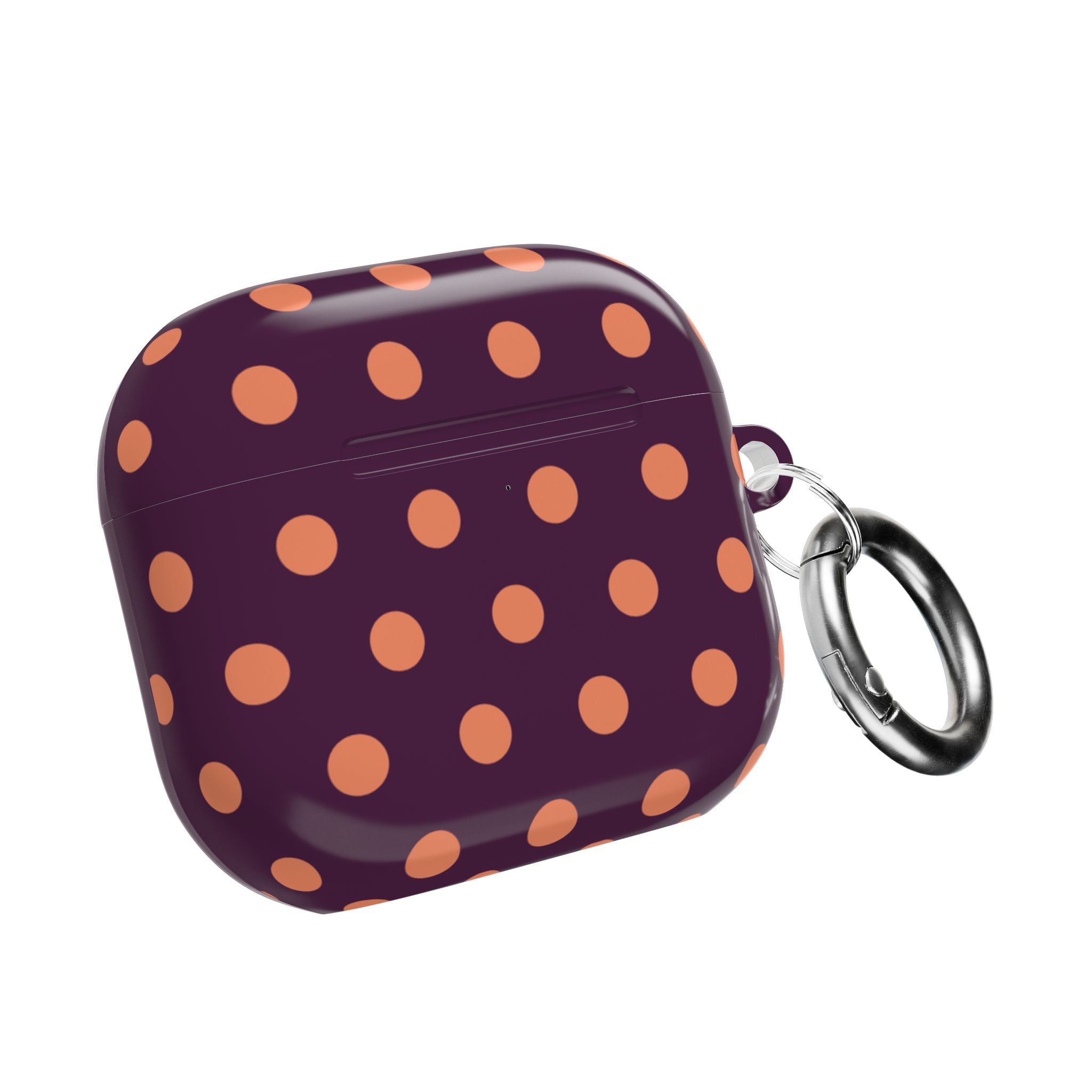 Aubergine AirPods case with orange polka dots, closed view with metal key ring