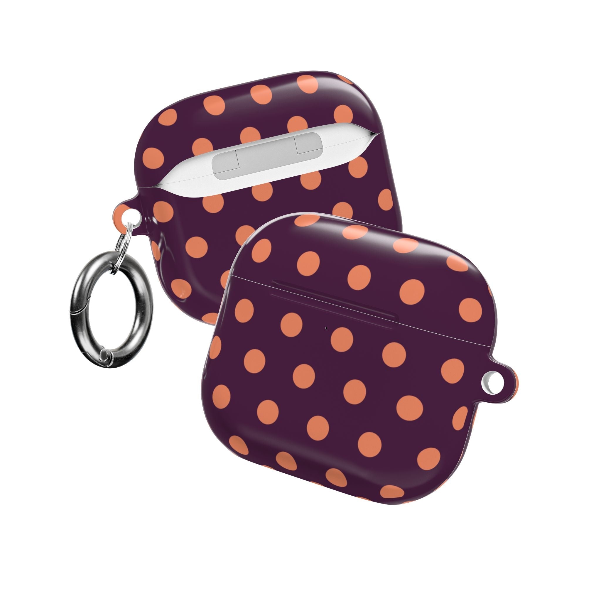 Aubergine AirPods case with orange polka dots, front and back views with rings