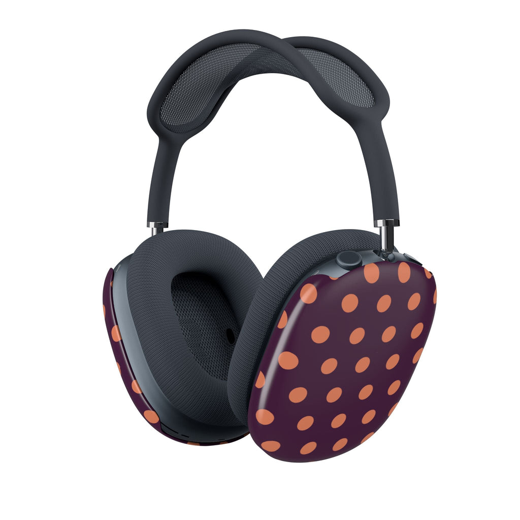 Aubergine AirPods Max ear cup cover, orange polka dots on one side