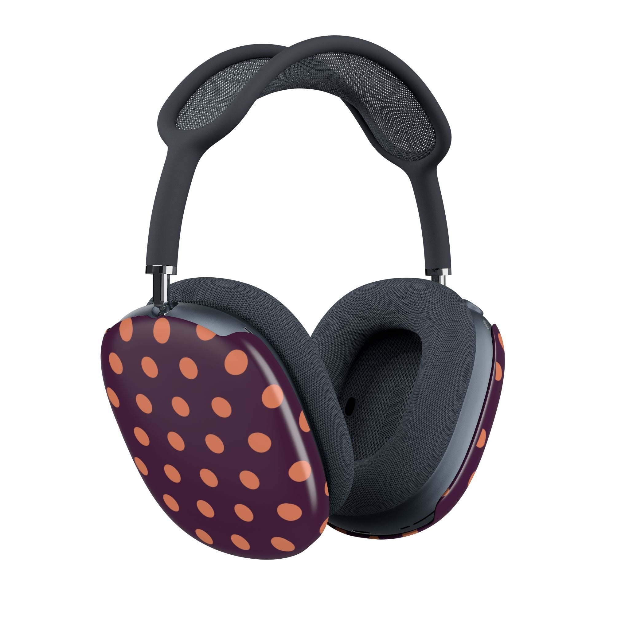 Aubergine ear cup covers with orange polka dots on both sides, angled view