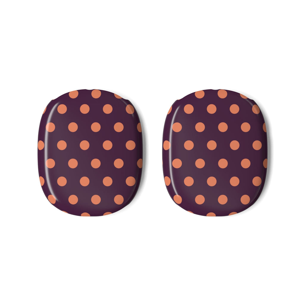 Pair of Aubergine AirPods Max ear cup covers with orange polka dot pattern