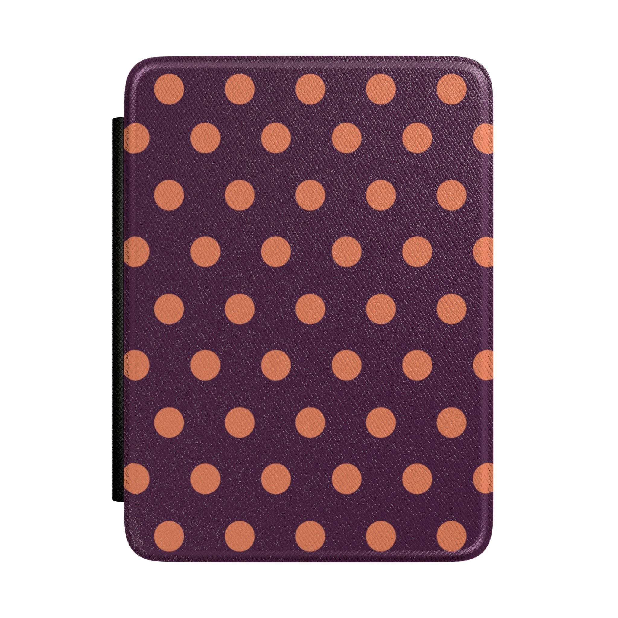 Aubergine hardcover Kindle case with orange polka dots, rounded edges