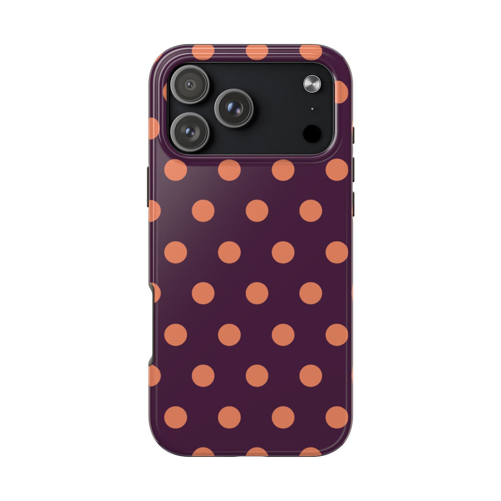 Aubergine phone case with orange polka dots and rear camera cutouts