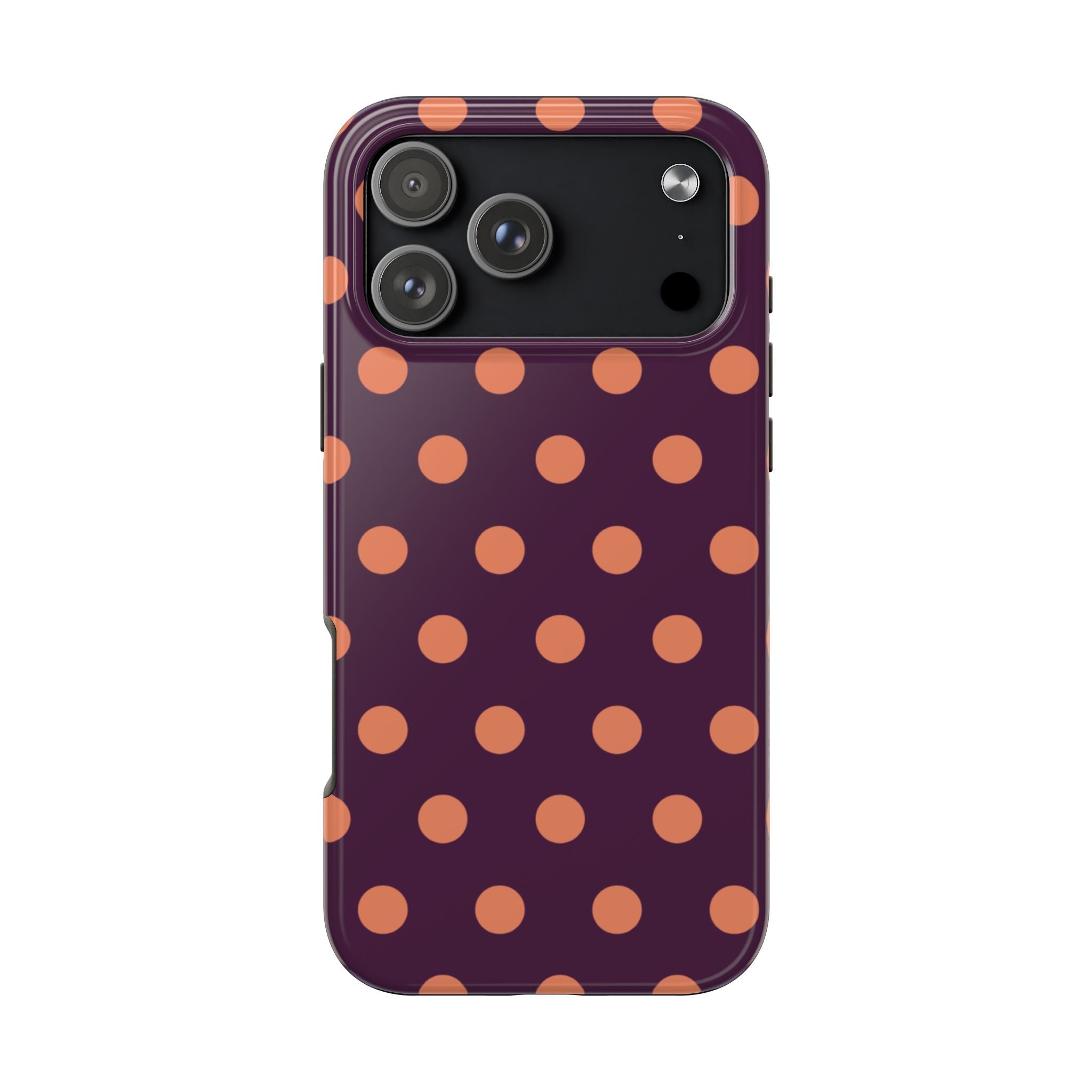 Aubergine phone case with orange polka dots and rear camera cutouts