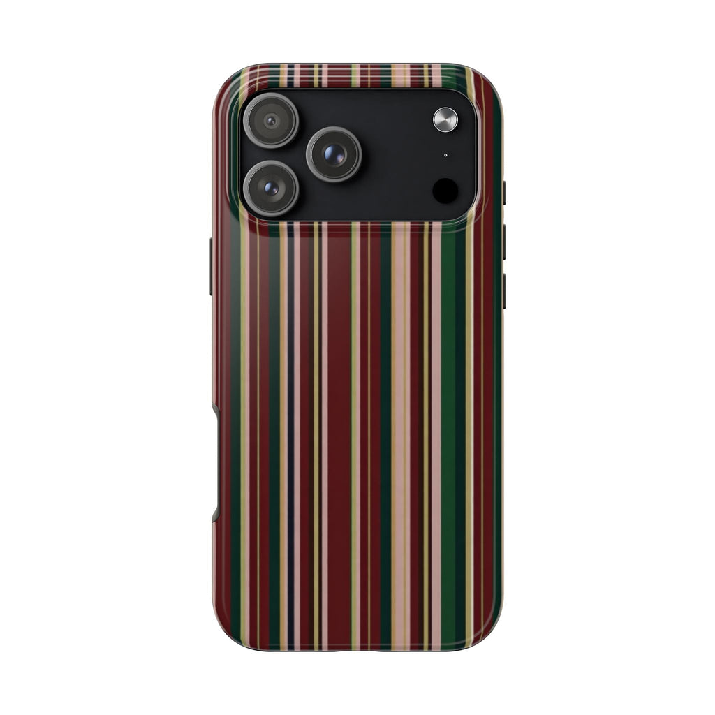 Striped phone case with maroon, cream and green vertical bands; black camera border