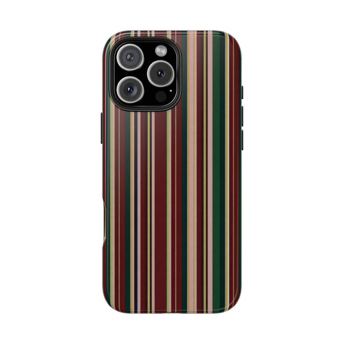 Phone case with multicolor vertical stripes, rounded edges, and camera/button cutouts