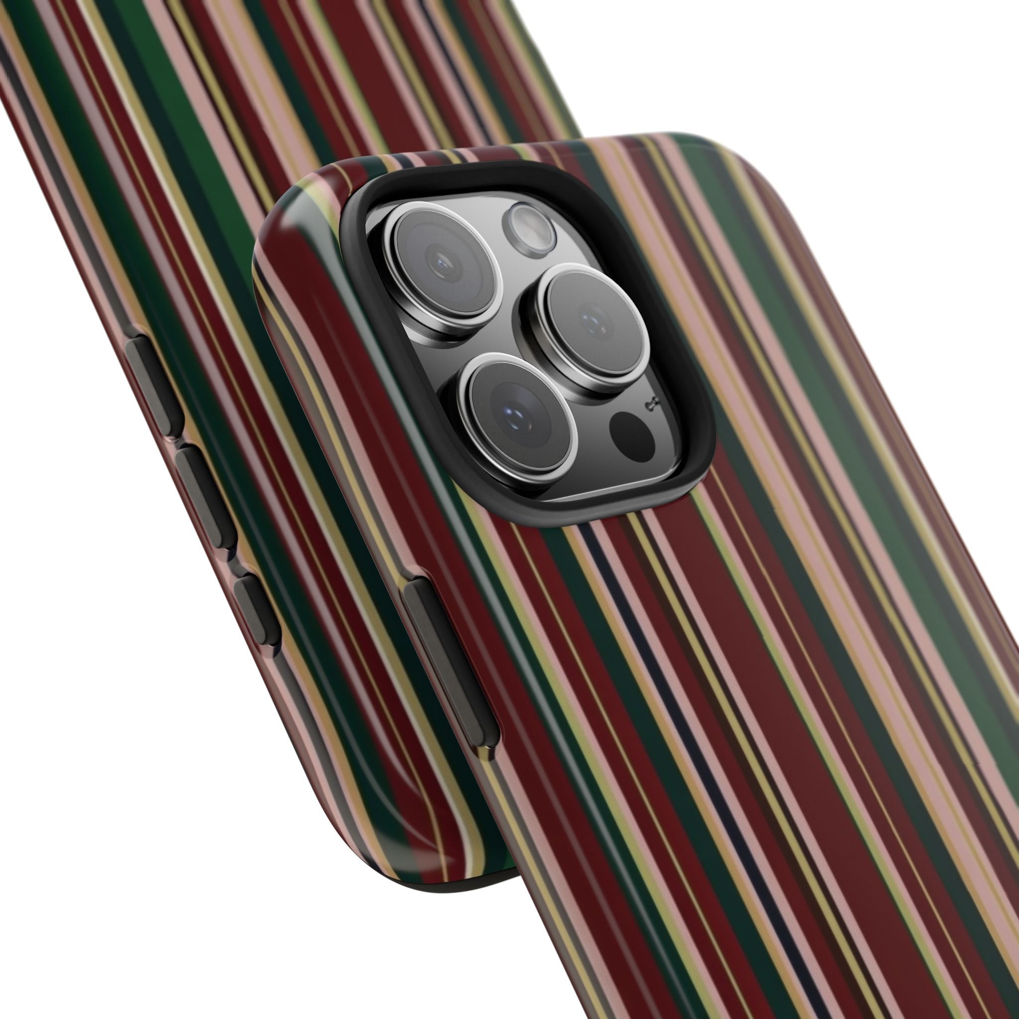 Close-up corner of striped phone case with camera lens openings and dark bezel