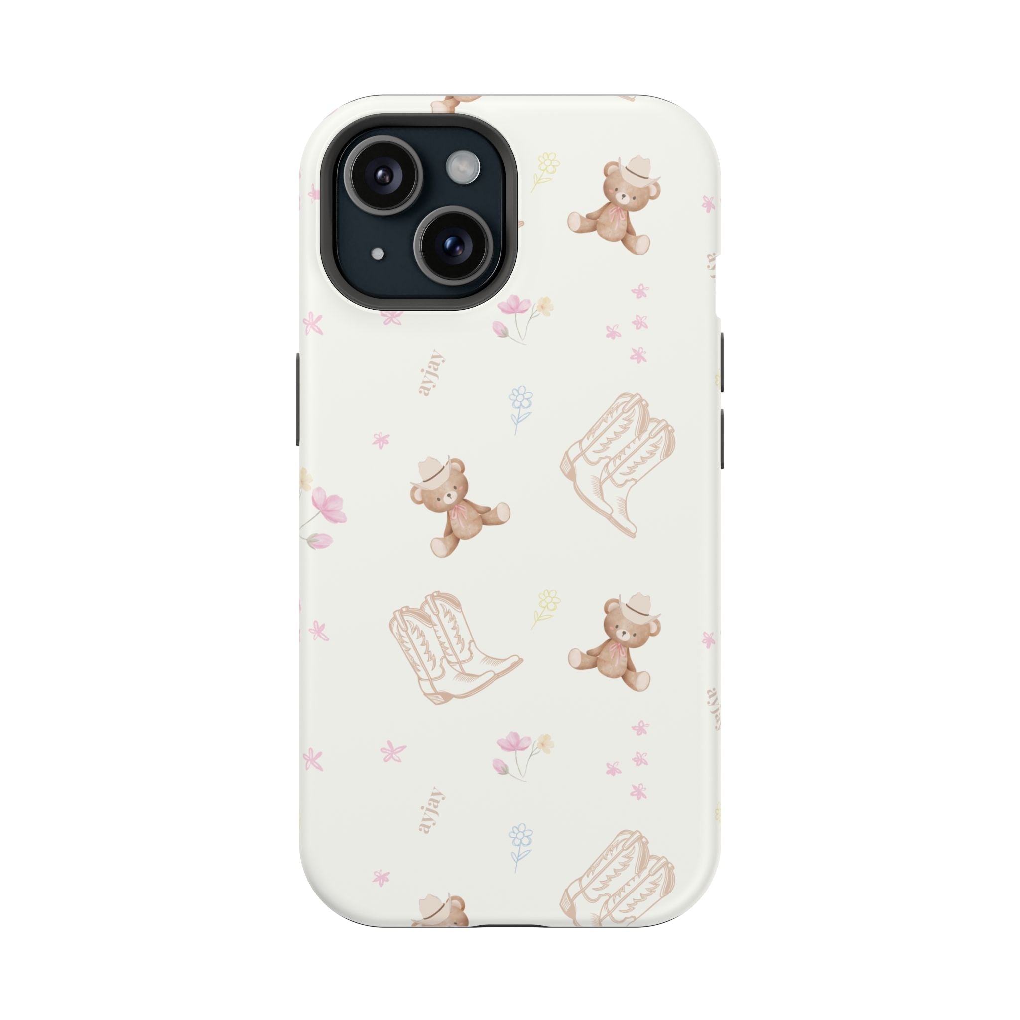 Cream phone case with teddy bears in boots and small floral patterns; camera cutouts.