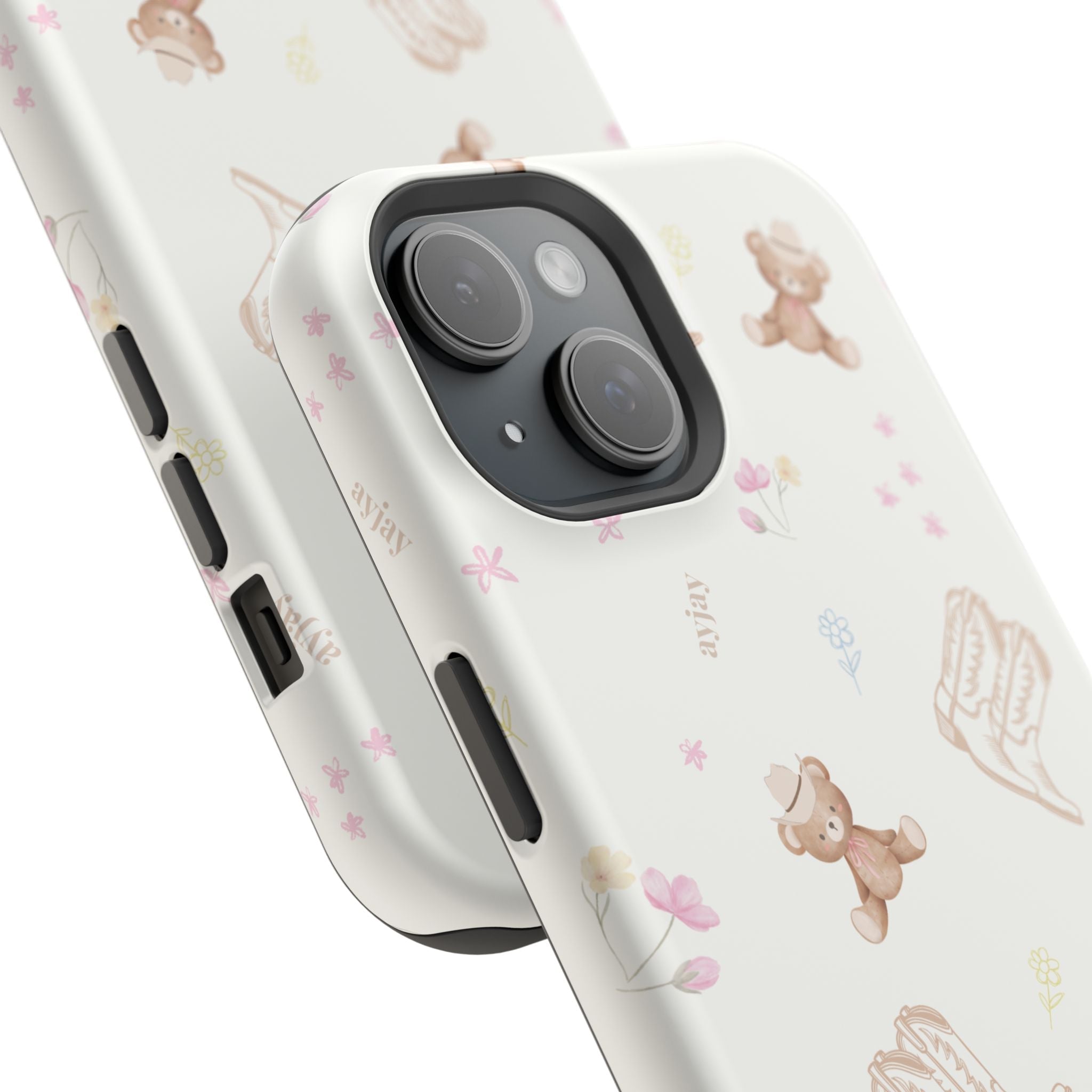 Cream phone case with teddy bear-and-boot illustrations and floral accents; side buttons.