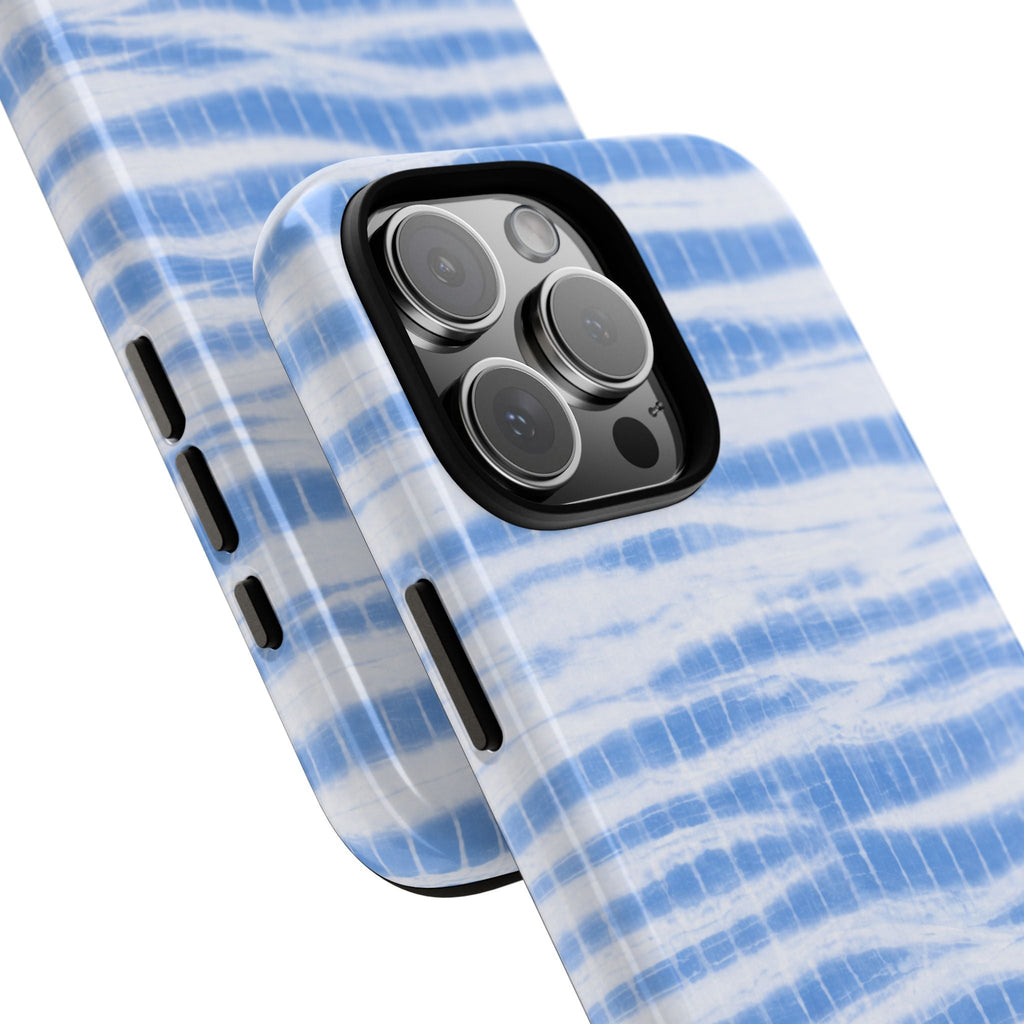 Baby blue coastal wash phone case angled view, camera lenses and flash visible