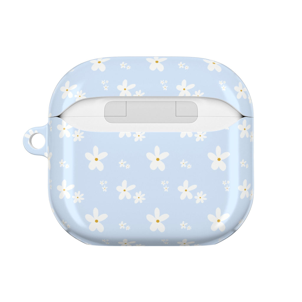 Baby blue floral AirPods case with button cutout, back view