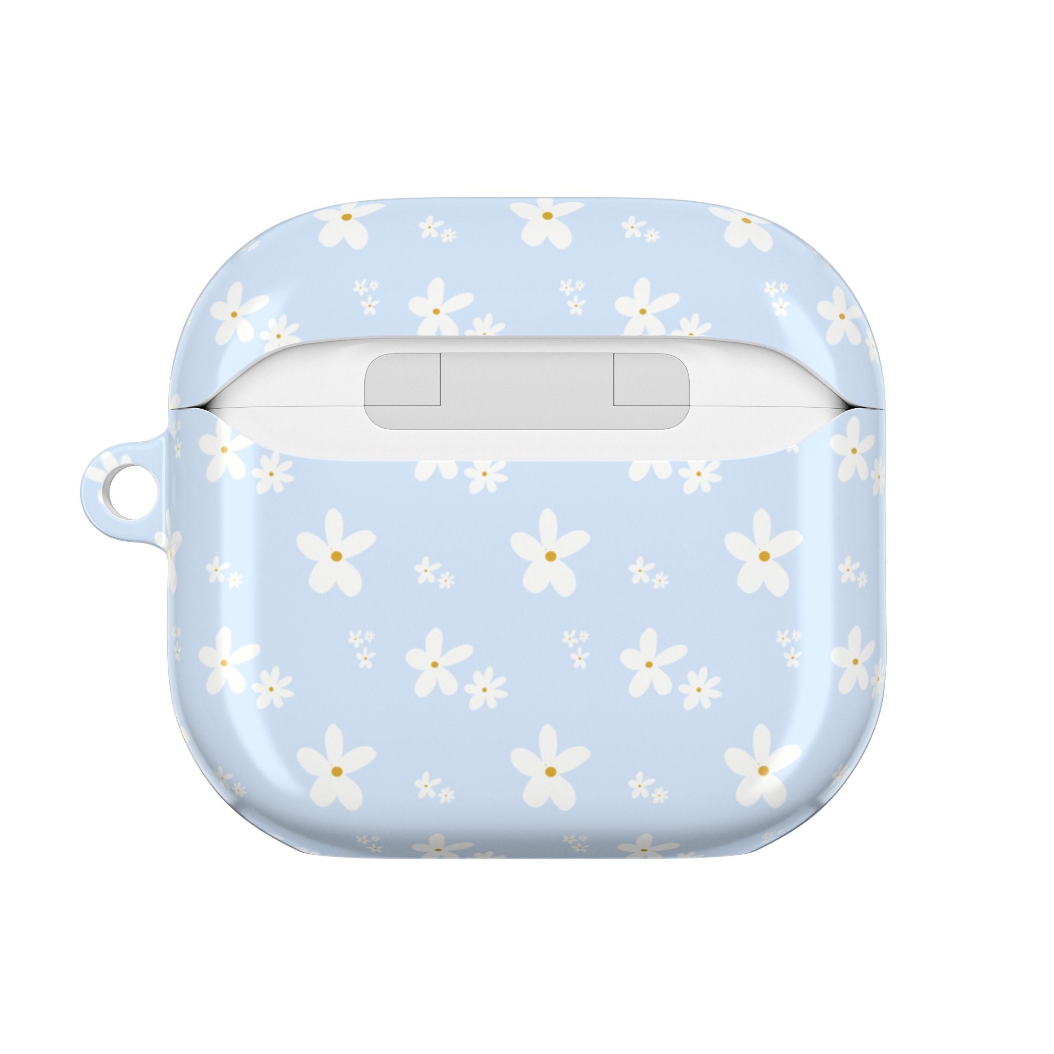 Baby blue floral AirPods case with button cutout, back view