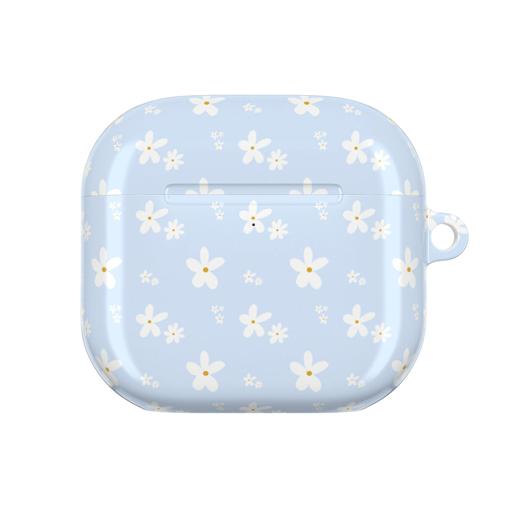 Baby blue floral AirPods case front view, smooth shell with lanyard loop